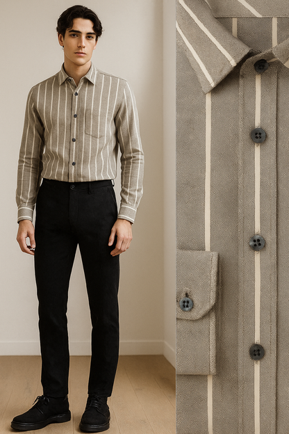 Beige & White Vertical Stripe Cotton Casual Shirt - 24550