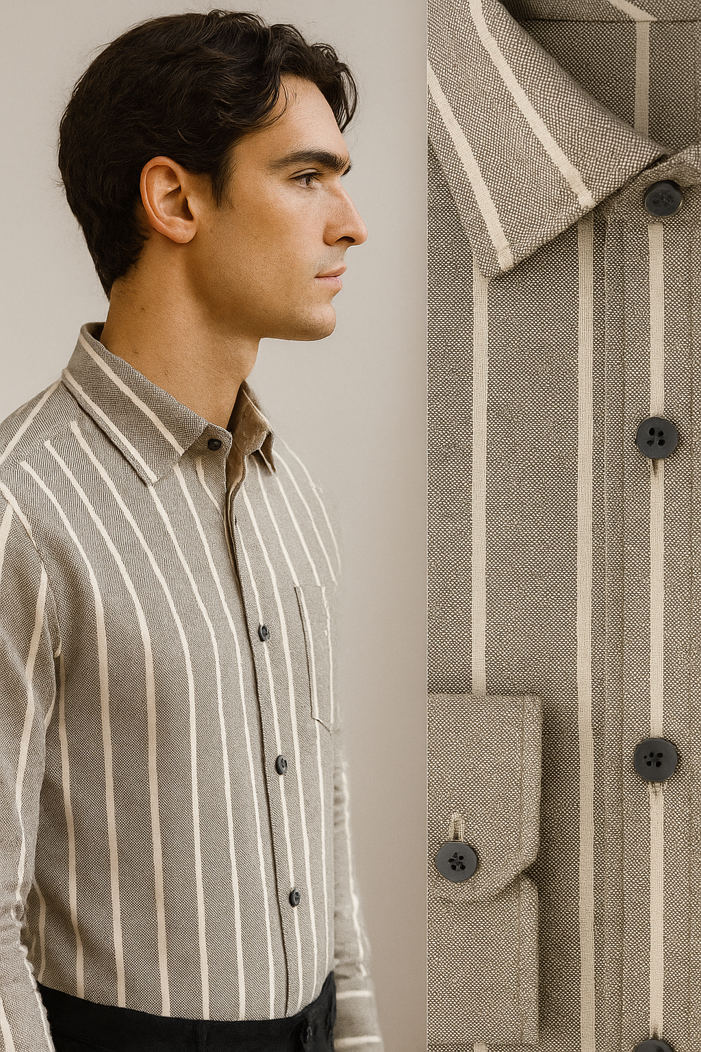 beige & white vertical stripe cotton casual shirt - 24550