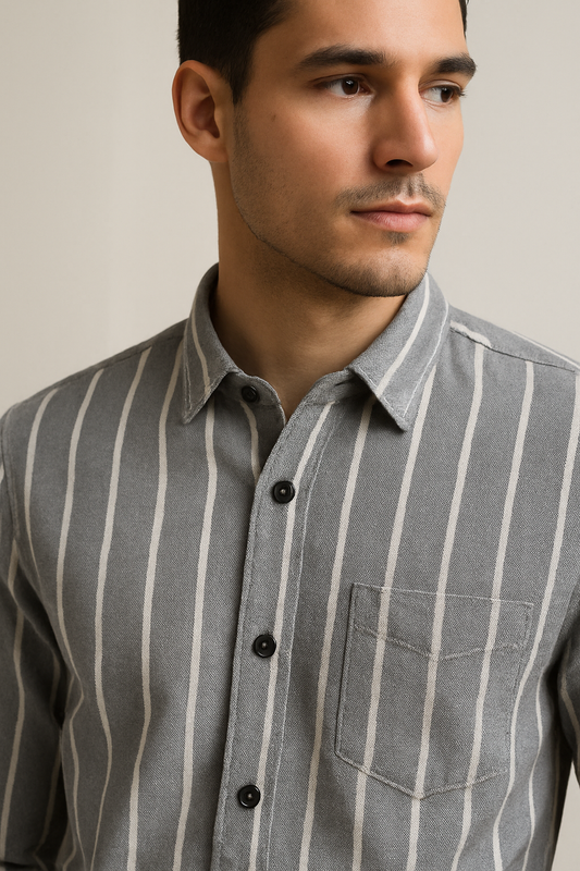 Men’s Grey & White Striped 100% Cotton Casual Shirt - 24553