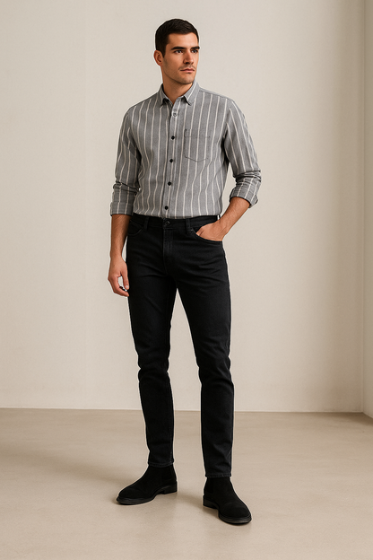 Men’s Grey & White Striped 100% Cotton Casual Shirt - 24553