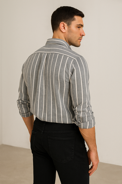Men’s Grey & White Striped 100% Cotton Casual Shirt - 24553