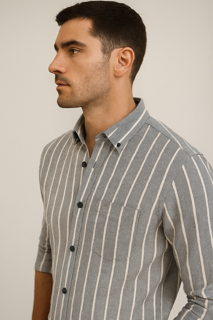 Men’s Grey & White Striped 100% Cotton Casual Shirt - 24553