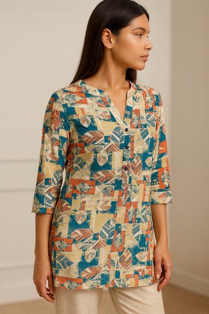 Women’s Abstract Leaf-Print Short Kurti with V-Notch Neck & 3/4 Sleeves - 25007