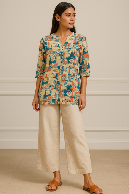 Women’s Abstract Leaf-Print Short Kurti with V-Notch Neck & 3/4 Sleeves - 25007