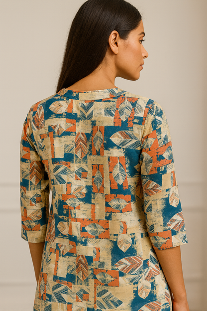 Women’s Abstract Leaf-Print Short Kurti with V-Notch Neck & 3/4 Sleeves - 25007