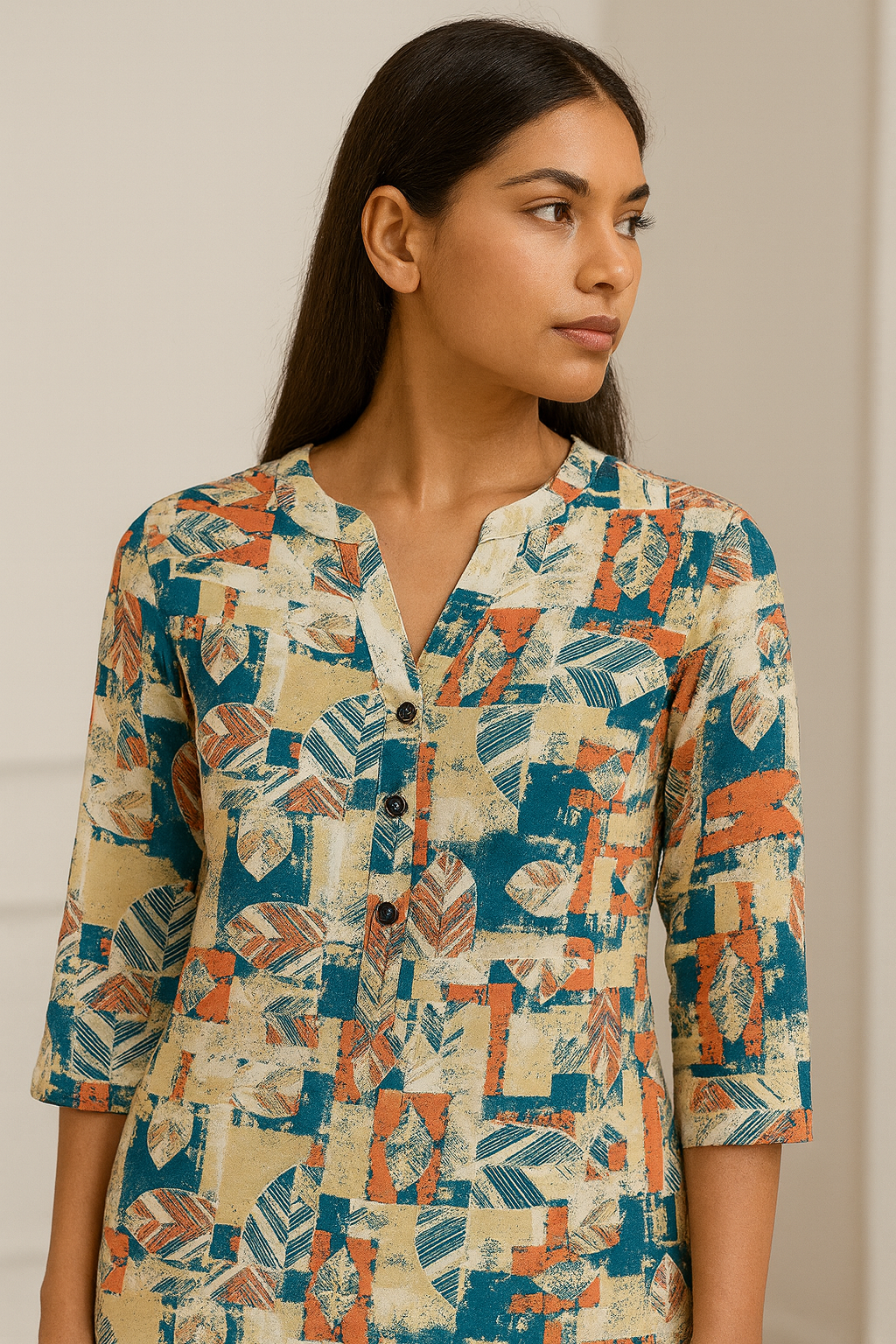 women’s abstract leaf-print short kurti with v-notch neck & 3/4 sleeves - 25007