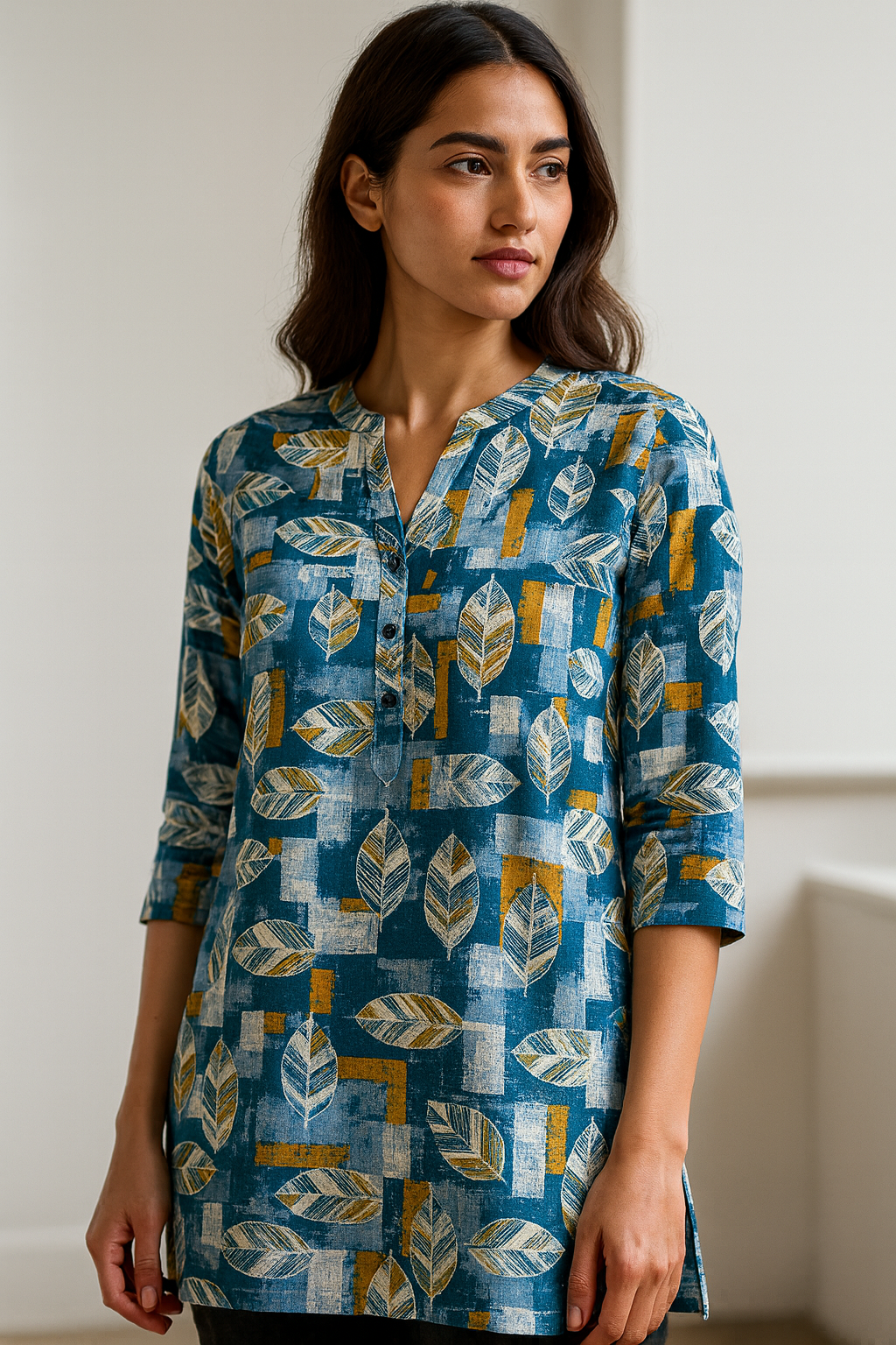 women’s teal & mustard leaf print cotton kurti  25008