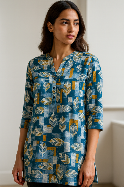 Women’s Teal & Mustard Leaf Print Cotton Kurti  25008