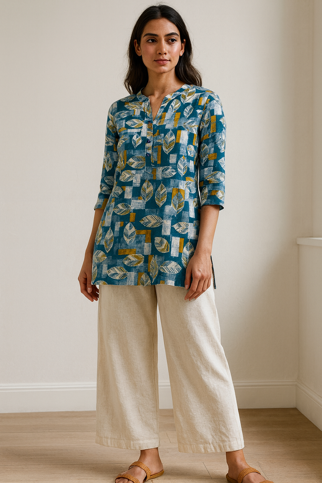 women’s teal & mustard leaf print cotton kurti  25008