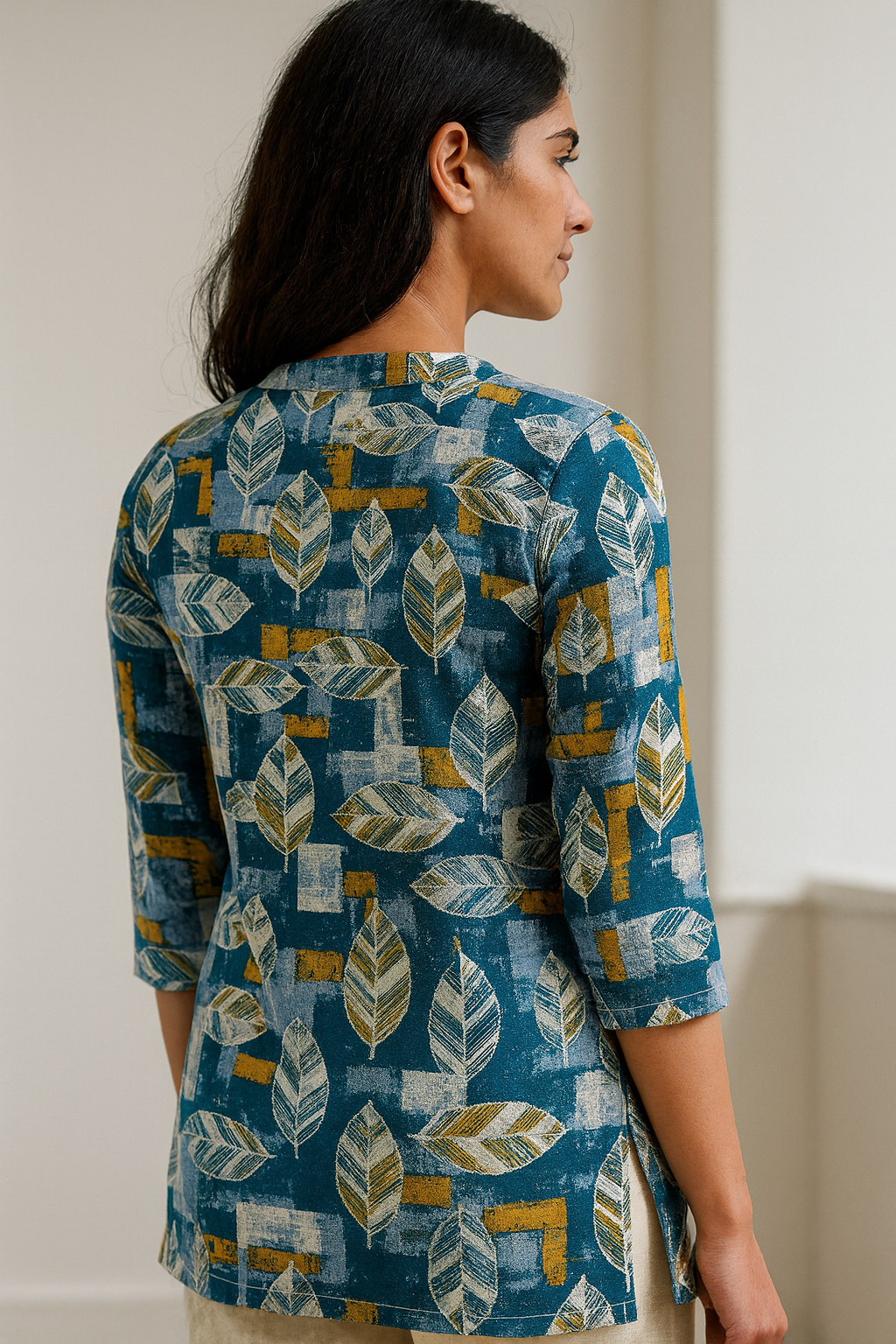 women’s teal & mustard leaf print cotton kurti  25008