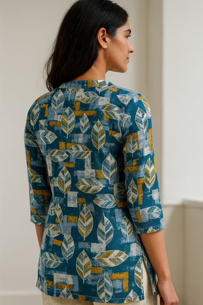 Women’s Teal & Mustard Leaf Print Cotton Kurti  25008