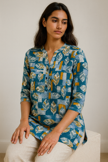 Women’s Teal & Mustard Leaf Print Cotton Kurti  25008