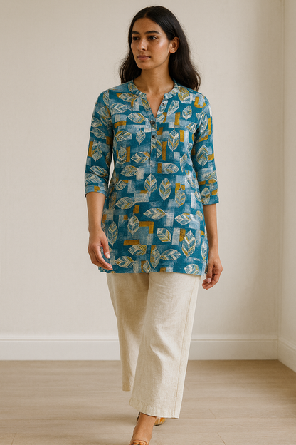 Women’s Teal & Mustard Leaf Print Cotton Kurti  25008