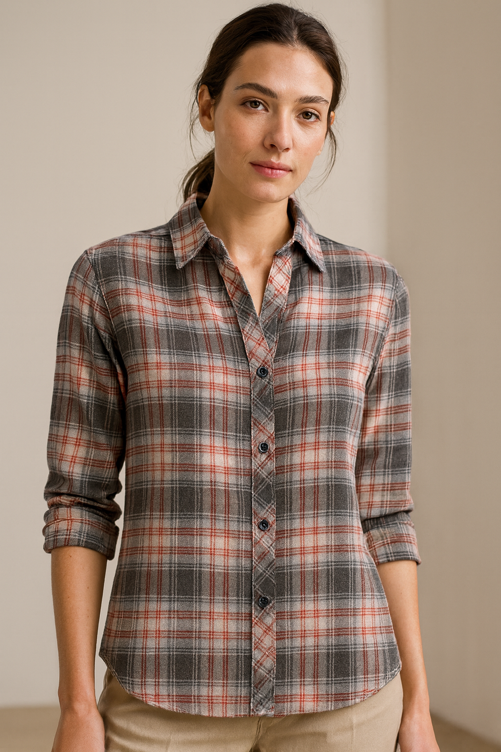women’s soft cotton checkered casual shirt – red, grey & white plaid - 25225