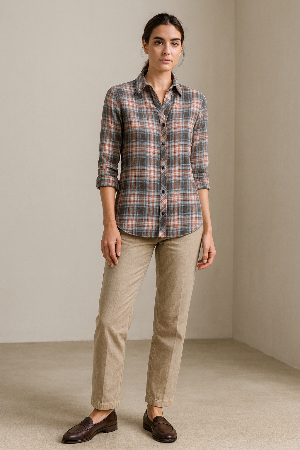 women’s soft cotton checkered casual shirt – red, grey & white plaid - 25225