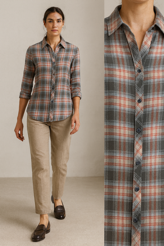 Women’s Soft Cotton Checkered Casual Shirt – Red, Grey & White Plaid - 25225