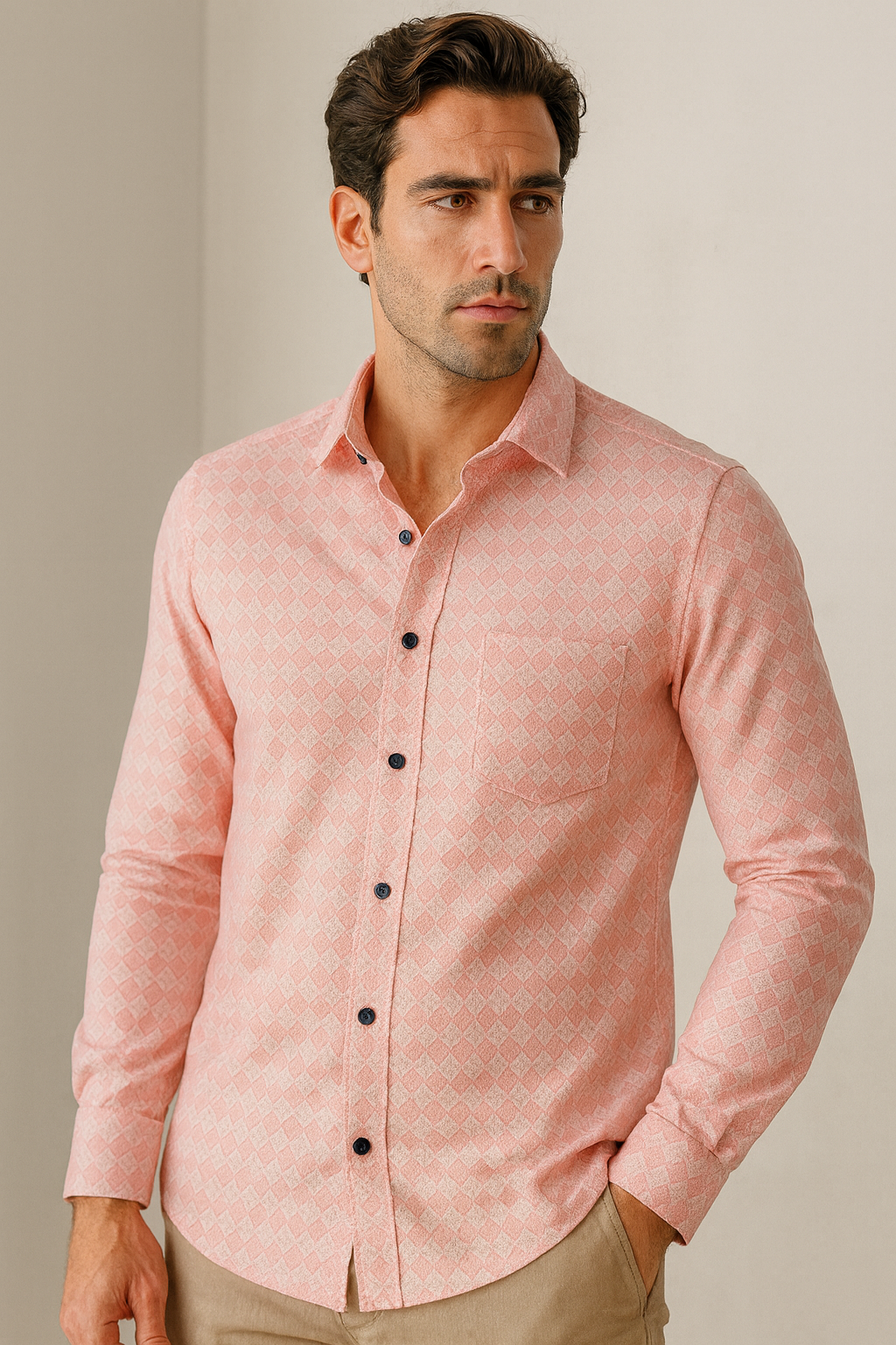 men’s premium cotton printed casual shirt – soft pink geometric pattern - 25501