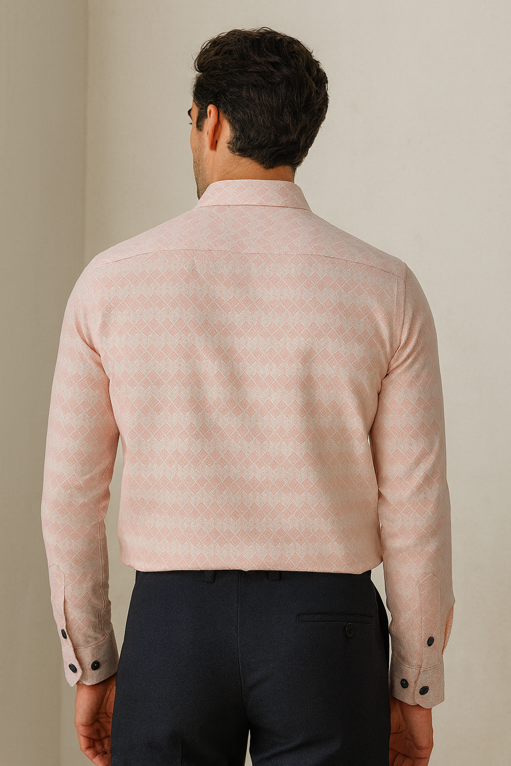 men’s premium cotton printed casual shirt – soft pink geometric pattern - 25501