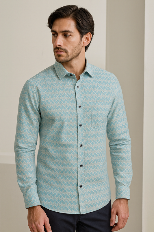 Men’s Premium Light Blue Geometric Print Formal Shirt - 25502