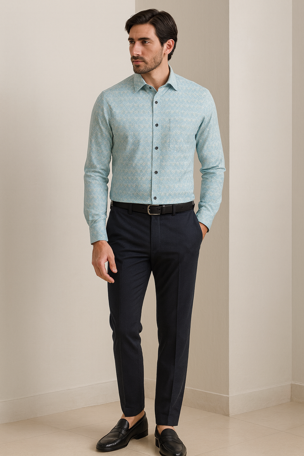 men’s premium light blue geometric print formal shirt - 25502