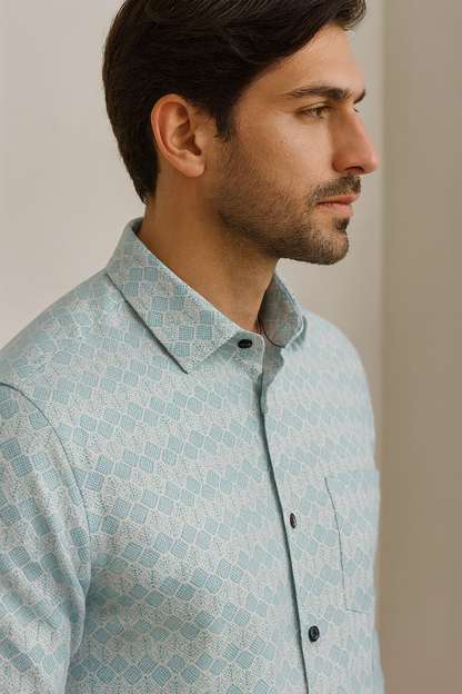 Men’s Premium Light Blue Geometric Print Formal Shirt - 25502