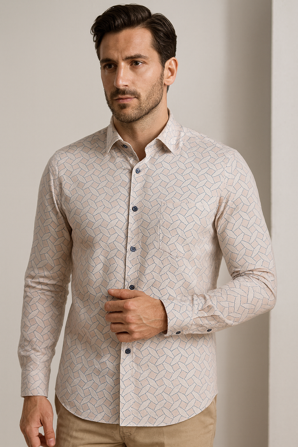 men’s premium printed cotton shirt – soft peach & white geometric pattern - 25503