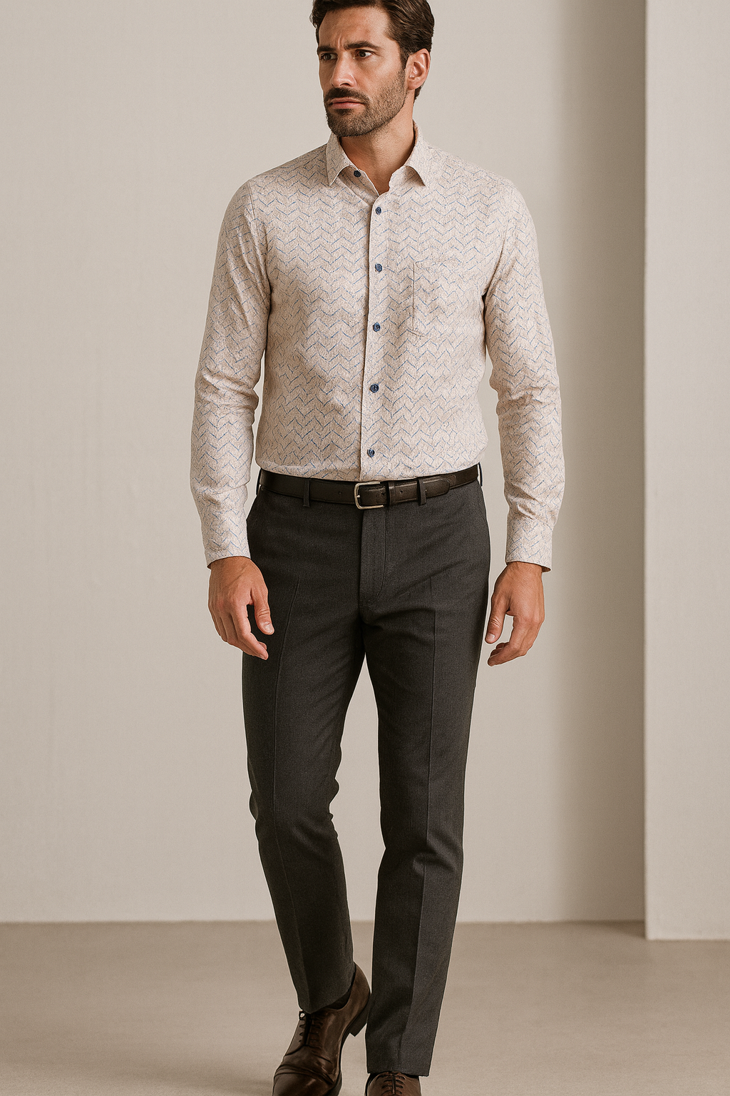 men’s premium printed cotton shirt – soft peach & white geometric pattern - 25503