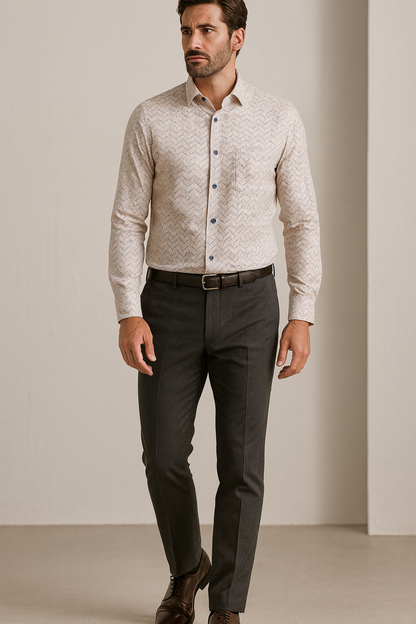 Men’s Premium Printed Cotton Shirt – Soft Peach & White Geometric Pattern - 25503