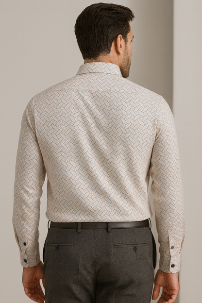 Men’s Premium Printed Cotton Shirt – Soft Peach & White Geometric Pattern - 25503