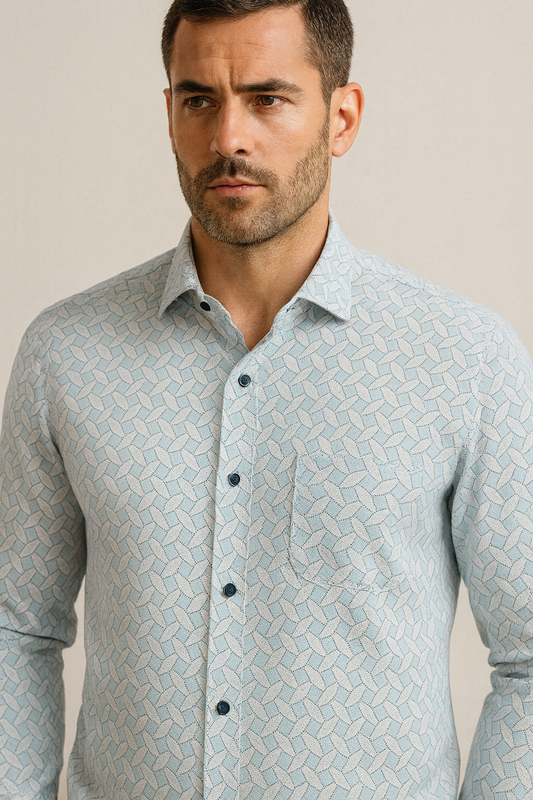 Men’s Premium Cotton Printed Casual Shirt – Sky Blue Leaf Pattern - 25504