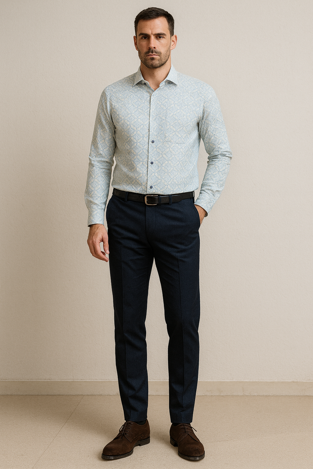 men’s premium cotton printed casual shirt – sky blue leaf pattern - 25504