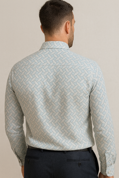 Men’s Premium Cotton Printed Casual Shirt – Sky Blue Leaf Pattern - 25504