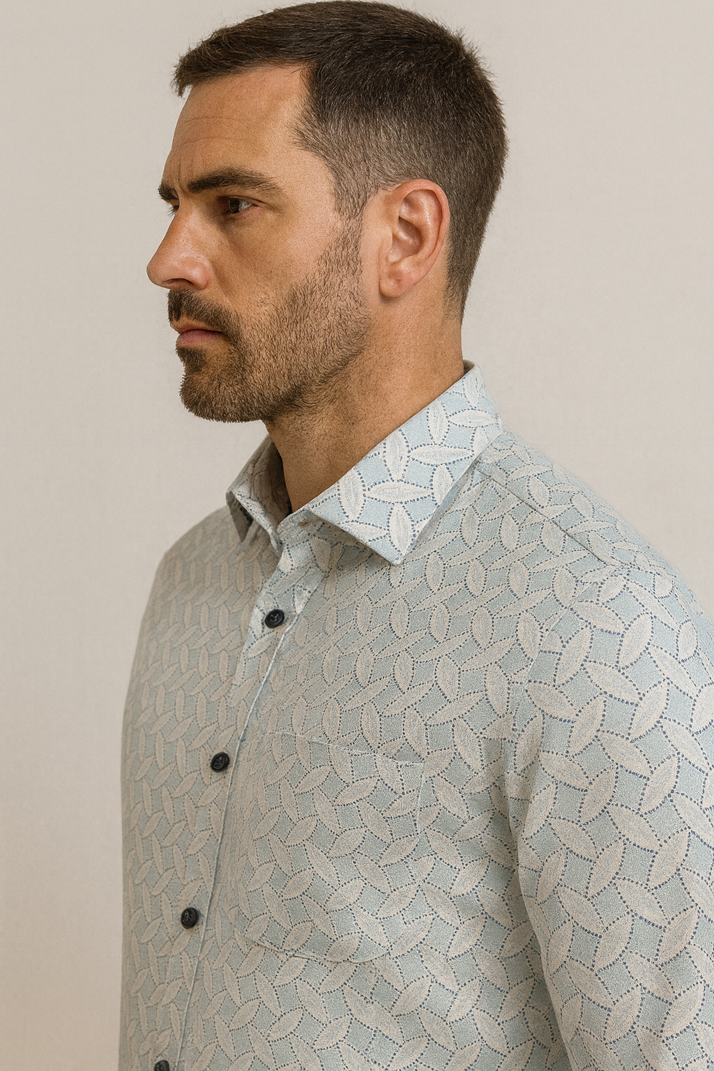 men’s premium cotton printed casual shirt – sky blue leaf pattern - 25504