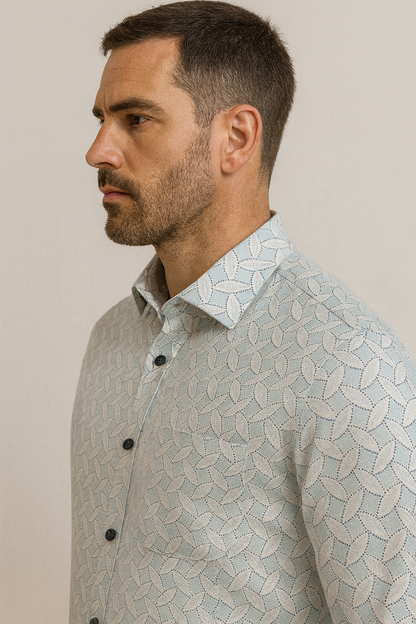 Men’s Premium Cotton Printed Casual Shirt – Sky Blue Leaf Pattern - 25504