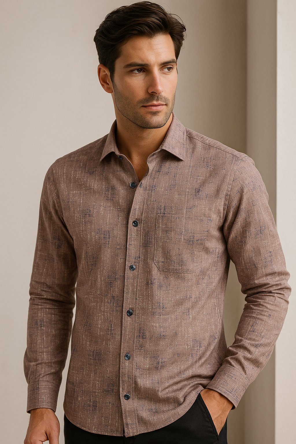 men’s premium textured printed shirt – taupe beige with abstract pattern - 25598