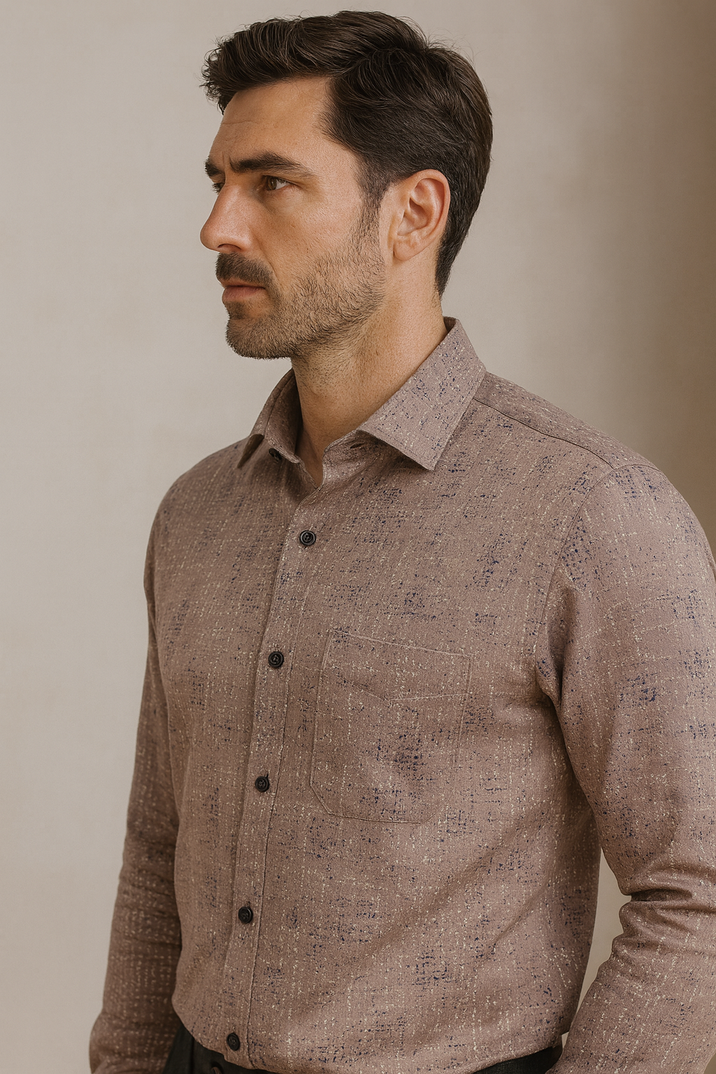 men’s premium textured printed shirt – taupe beige with abstract pattern - 25598