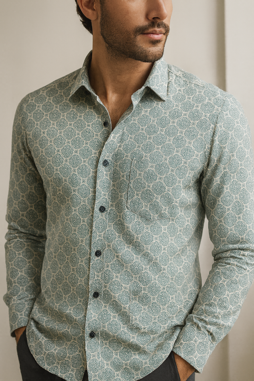 men’s premium cotton printed casual shirt – teal & white micro-mandala pattern - 25605