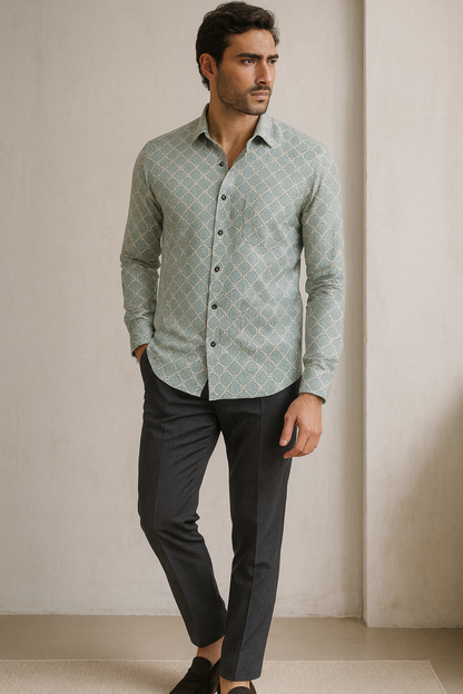 Men’s Premium Cotton Printed Casual Shirt – Teal & White Micro-Mandala Pattern - 25605