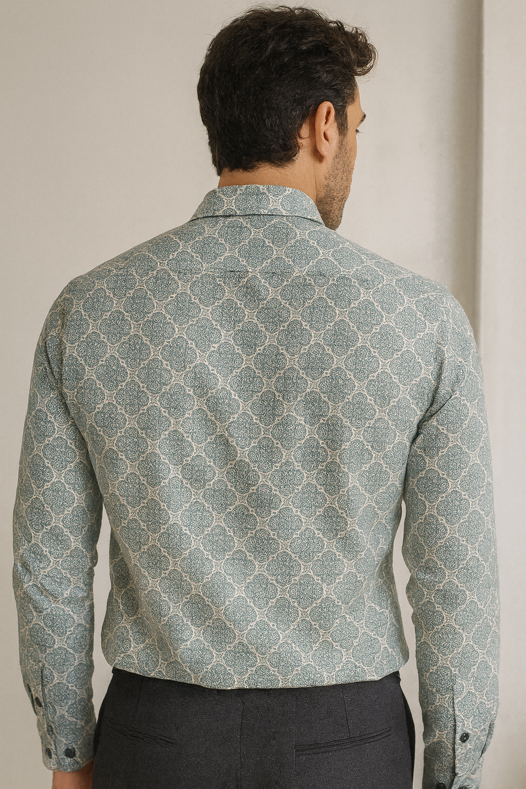men’s premium cotton printed casual shirt – teal & white micro-mandala pattern - 25605
