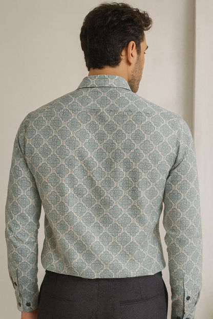 Men’s Premium Cotton Printed Casual Shirt – Teal & White Micro-Mandala Pattern - 25605