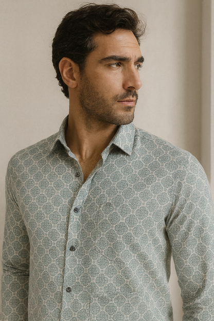 Men’s Premium Cotton Printed Casual Shirt – Teal & White Micro-Mandala Pattern - 25605