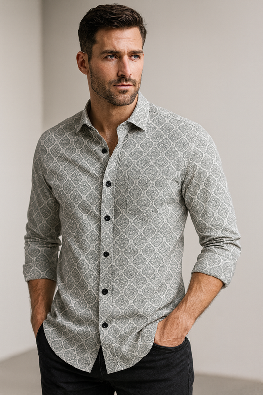 Men’s Premium Printed Cotton Shirt – Grey Mandala Pattern - 25606