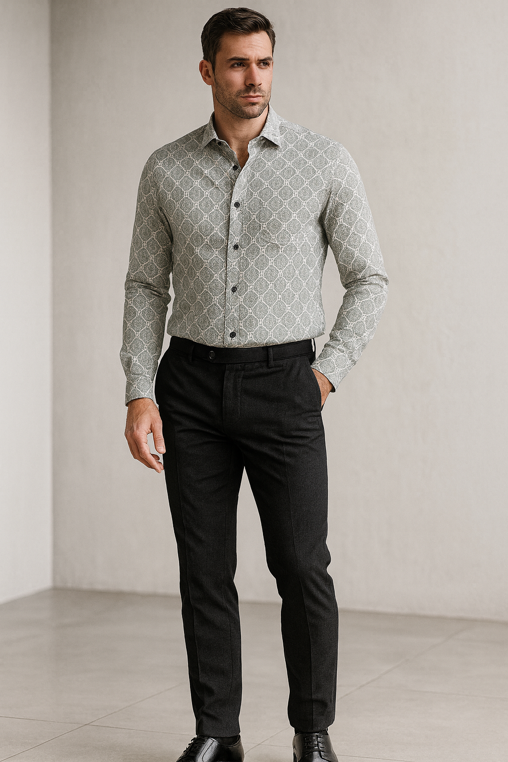 men’s premium printed cotton shirt – grey mandala pattern - 25606