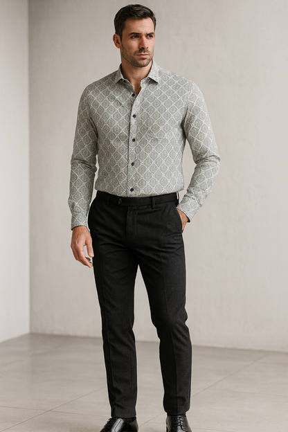 Men’s Premium Printed Cotton Shirt – Grey Mandala Pattern - 25606