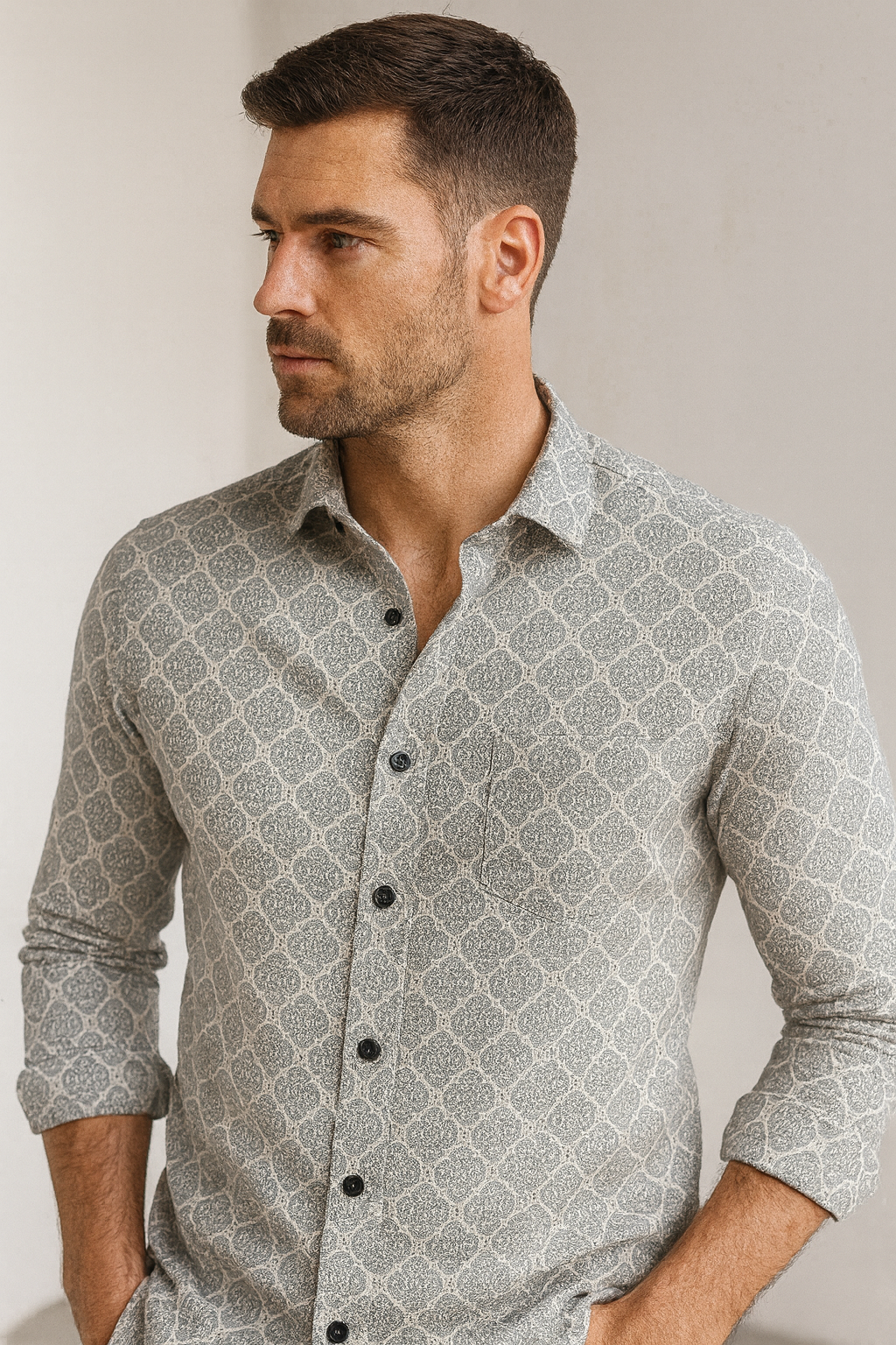 men’s premium printed cotton shirt – grey mandala pattern - 25606