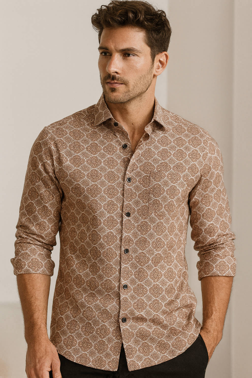 men’s premium printed cotton shirt – maroon mandala pattern - 25607