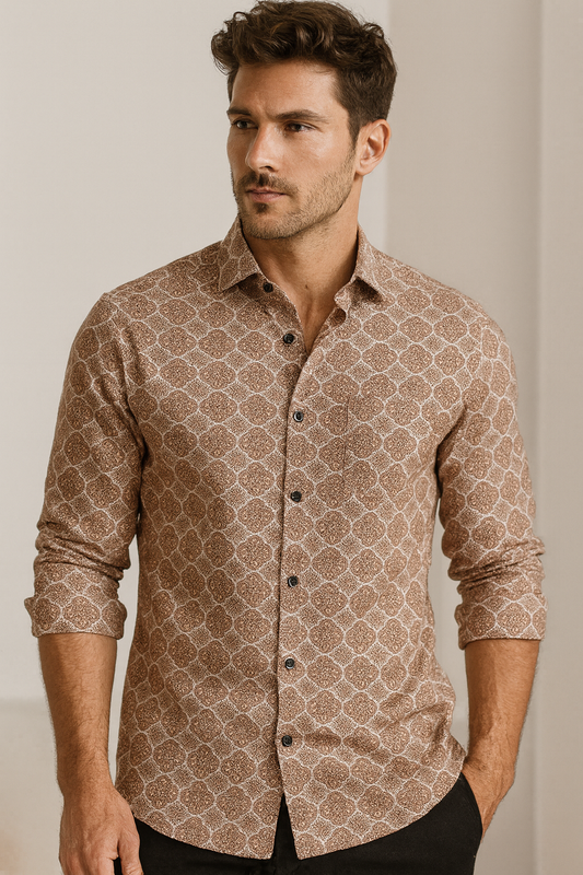 Men’s Premium Printed Cotton Shirt – Maroon Mandala Pattern - 25607