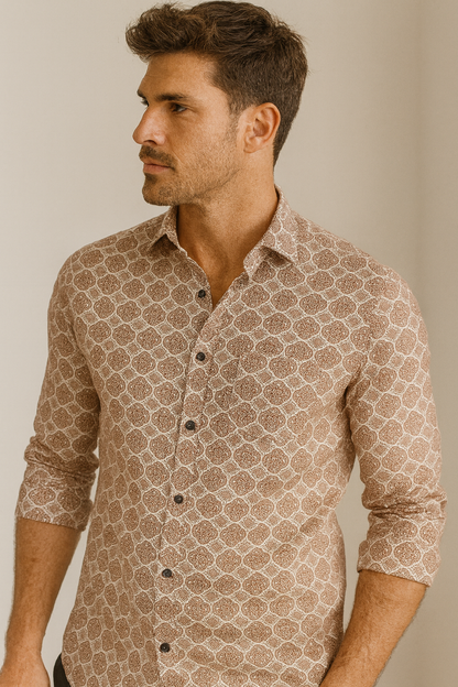 Men’s Premium Printed Cotton Shirt – Maroon Mandala Pattern - 25607
