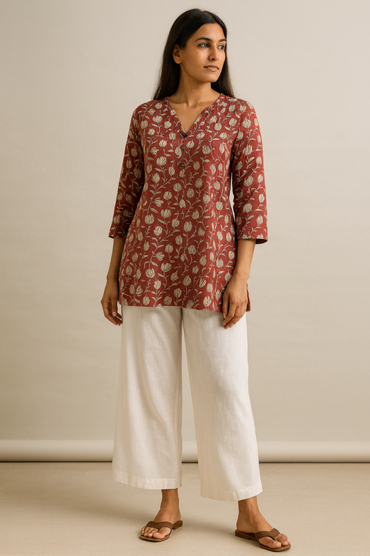 Women’s Red Floral Printed Short Kurti with V-Notch Neck & 3/4 Sleeves – Comfortable Everyday Wear - 26007