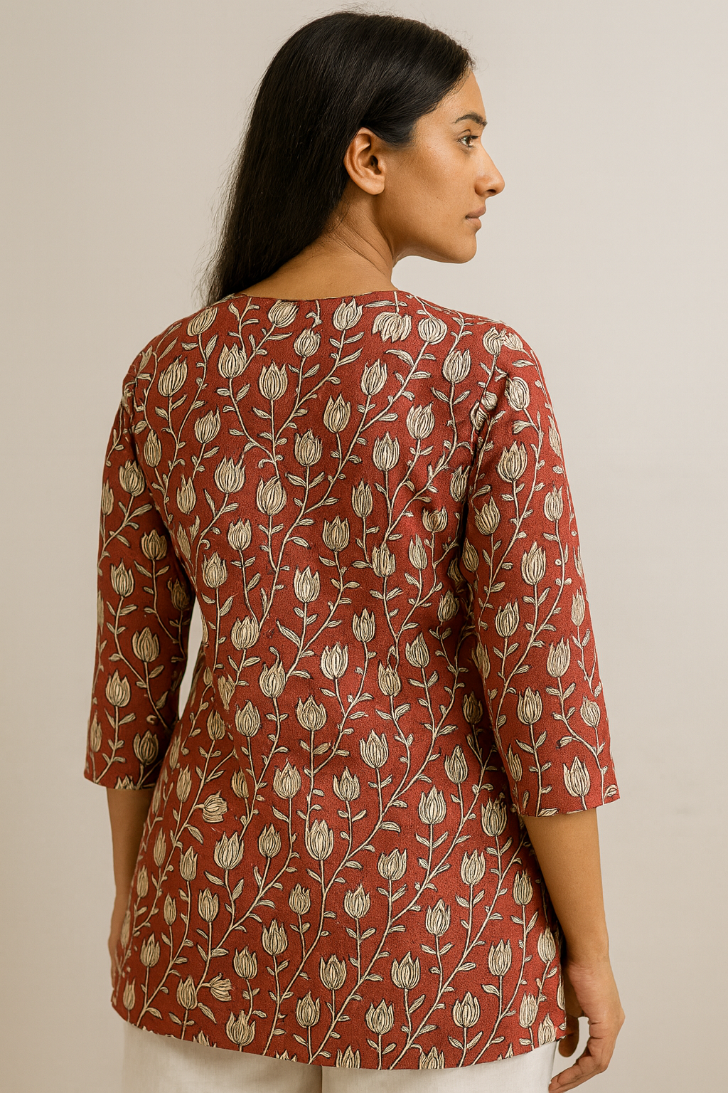 women’s red floral printed short kurti with v-notch neck & 3/4 sleeves – comfortable everyday wear - 26007